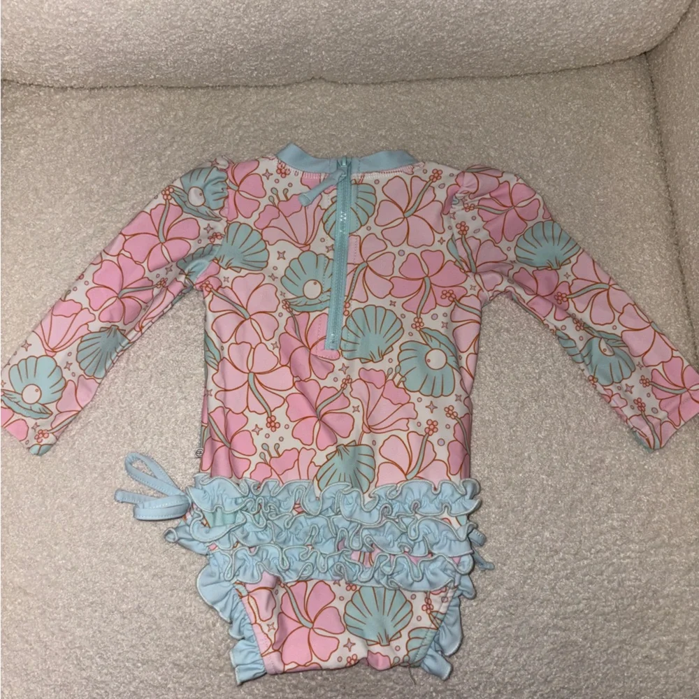 Caden Lane Pink & Light Blue Seashell Floral Rashguard Swimsuit
